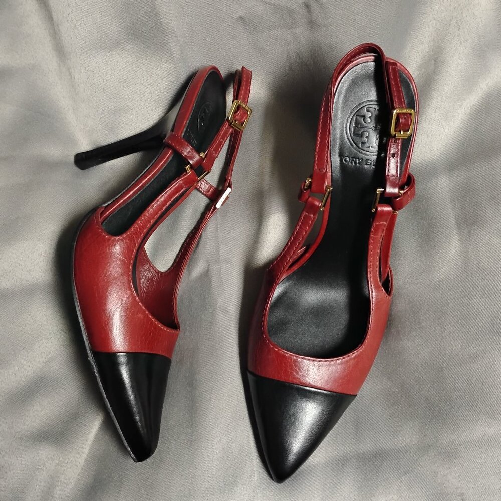 ❤️TORY BURCH Burgundy and Black All Leather Slingback Heel Shoes 7 Brazil